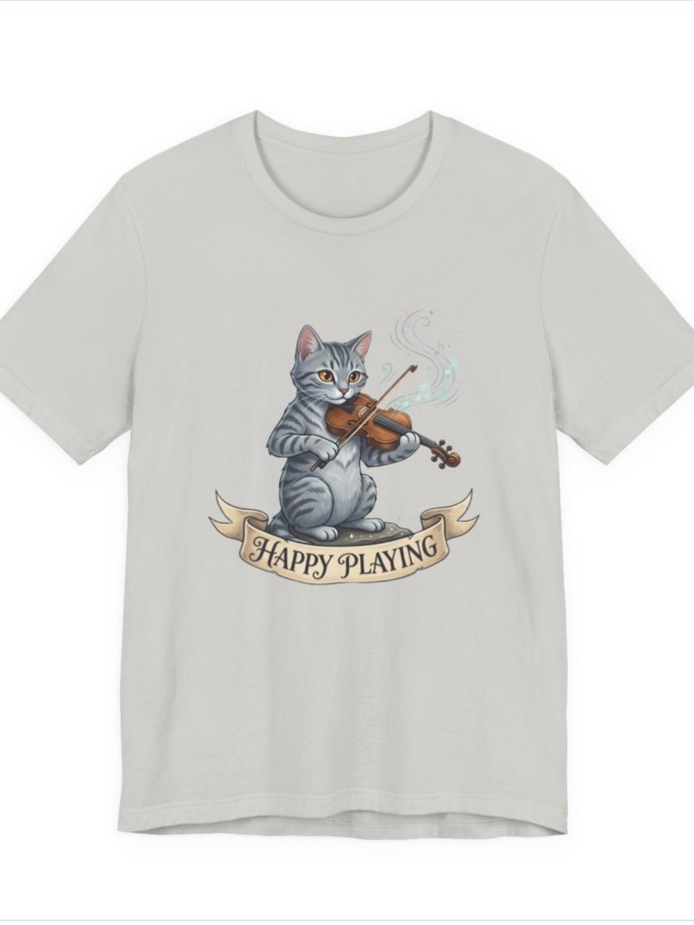 Happy Playing Cat Violin Tee - Light Gray